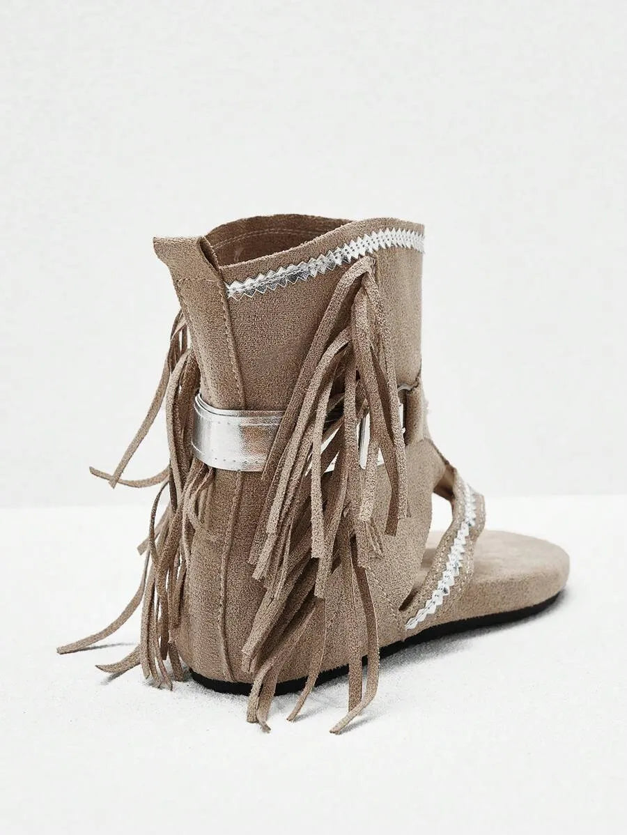 Styleloop New Women's Open Toe Fringe Flat Boots