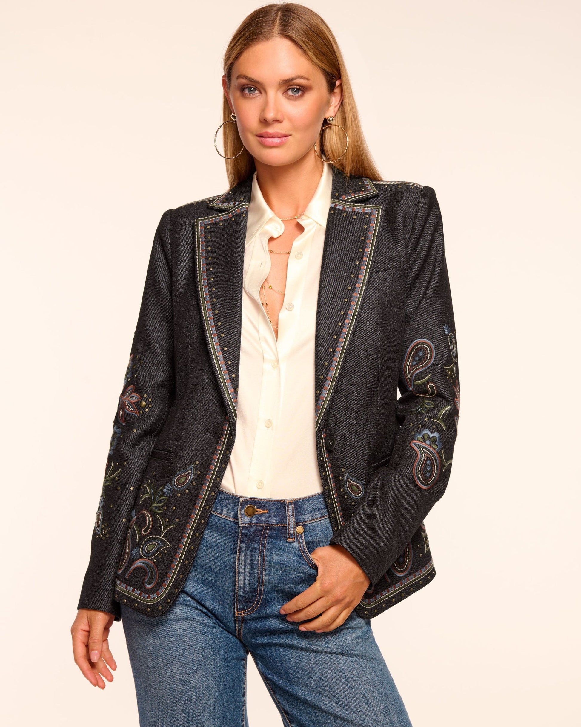 Embroidered Denim Blazer & Skirt SET