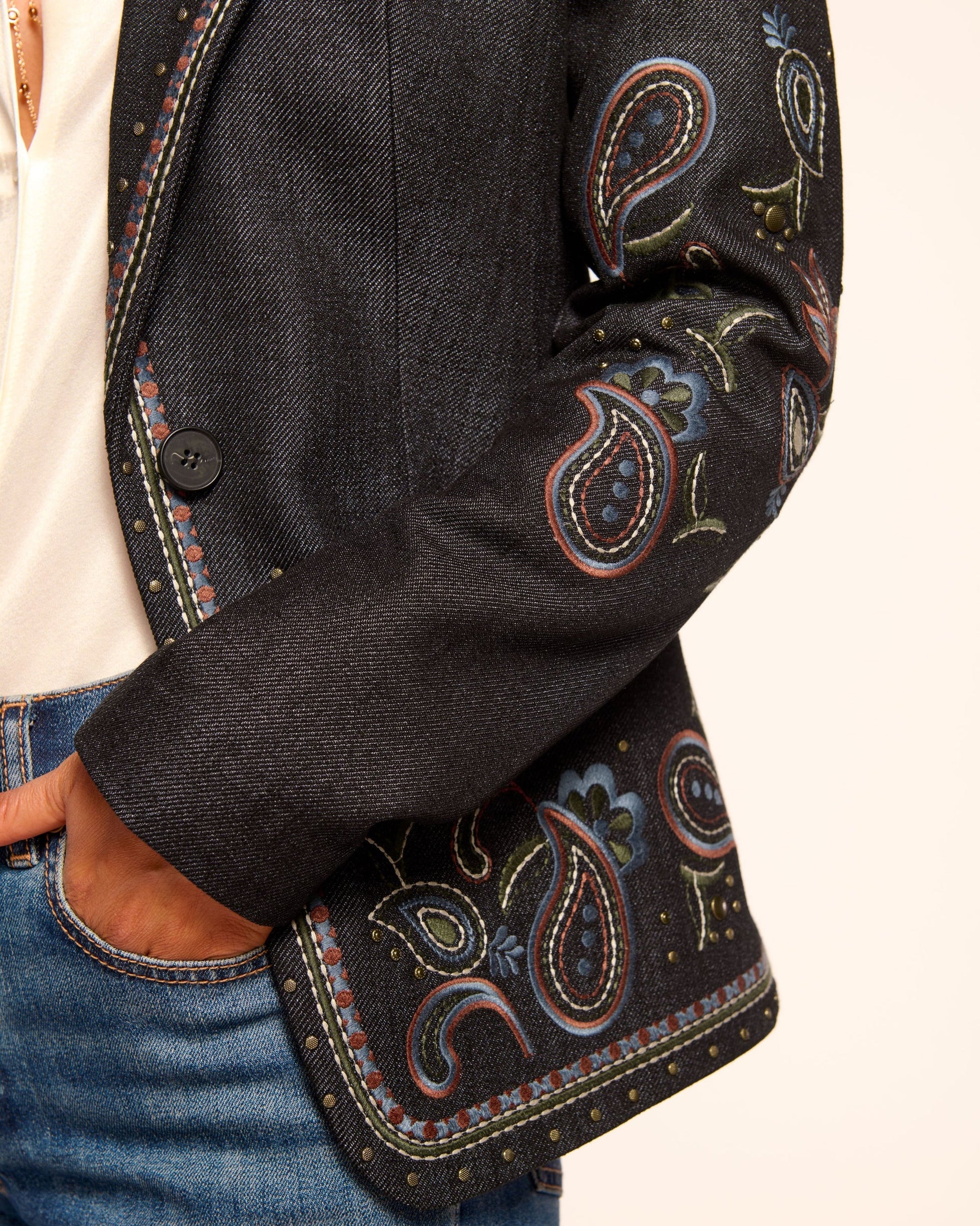 Embroidered Denim Blazer & Skirt SET